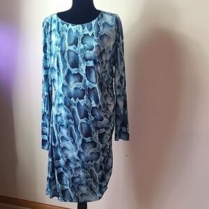 Elie Tahari Liora Ruched Dress Snake Sk Print Sz L  Ruched Jersey $348 Blue